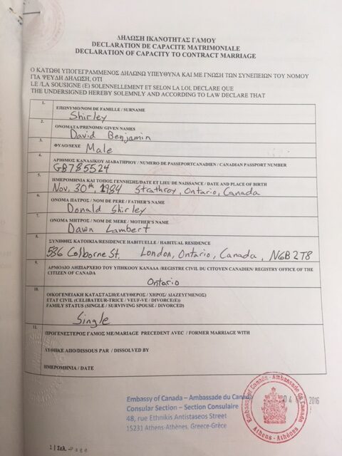 Canada Santorini wedding documents